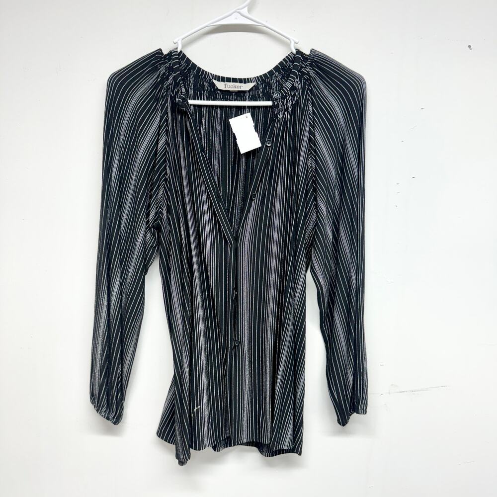 TUCKER Women Black & White Striped Long Sleeve Deep V‎ Blouse Size S/M